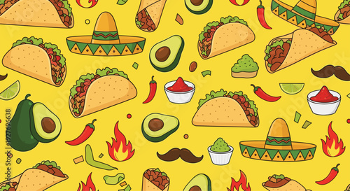 Seamless pattern of traditional Mexican food features delicious tacos, sombreros, avocados, chili peppers, and mustaches on a yellow background.