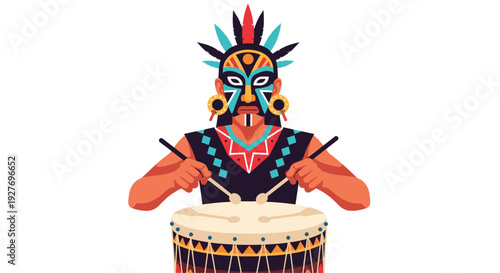 Powerful illustration of an indigenous tribal drummer wearing a colorful traditional mask and headdress while playing a large drum.