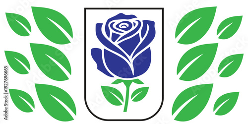 A stylized blue rose with a green stem and leaves, enclosed in a white shield, surrounded by scattered green leaves.