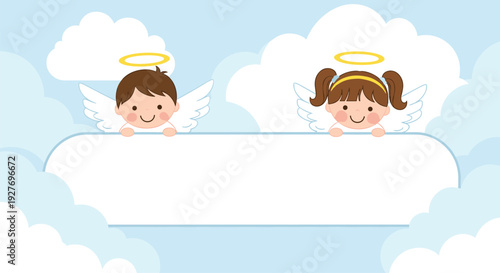 Two adorable little angels with halos and wings peek over a large white blank banner floating among soft clouds in a blue sky.