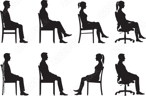 Collection of black silhouettes of men and women sitting on chairs in profile view, showcasing different seated postures, ergonomic positions, and chair 