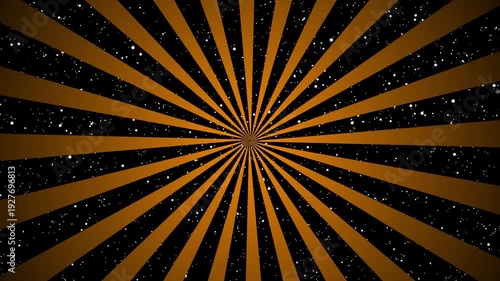 Seamless black and warm orange rotating abstract radial Sunburst with stars background loop animation.