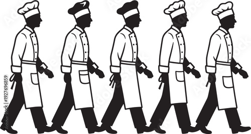 Five identical silhouettes of chefs walking in line from left to right, wearing traditional hats and uniforms, isolated on white background for culinary teamwork concepts.