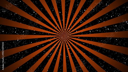 Seamless black and rust orange rotating abstract radial Sunburst with stars background loop animation.