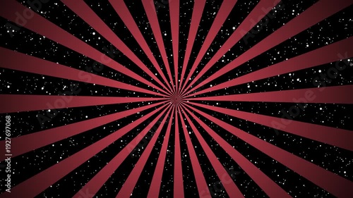 Seamless black and muted red rotating abstract radial Sunburst with stars background loop animation.