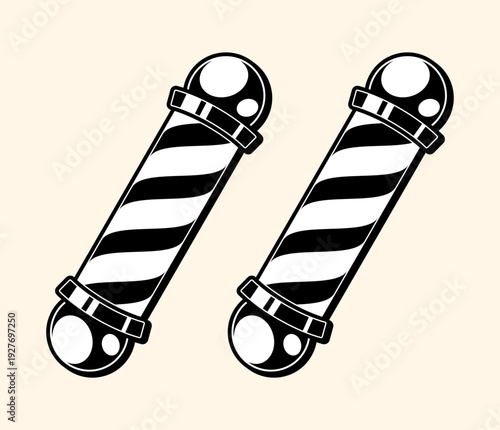 Barber pole icon vector sign illlustration design isolated. Colorful Classic Barber shop Pole signboard with a shop pole with red, blue and white stripes isolated on cream background. editable vector