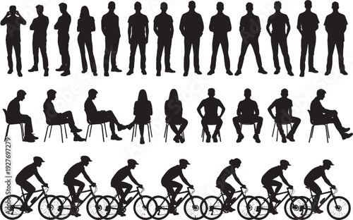 Silhouettes of people in various activities including standing, sitting, and cycling, arranged in rows, isolated on white background for posture, motion, and design concepts.