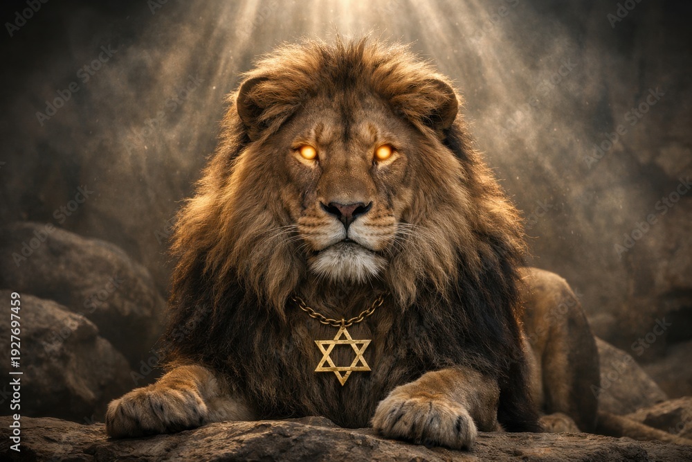 Fototapeta premium Powerful lion with glowing eyes wearing gold star symbol in dramatic light scene dark sun