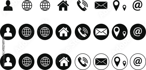  Sleek vCard Mobile Web Contact Icons Vector Set with Profile Globe Home Phone Mail Location Pin and At Symbol in Badge and Outline