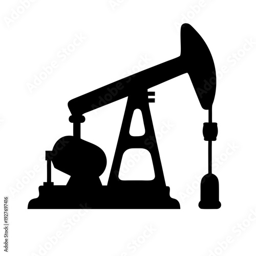 Oil Pump Jack Icon Vector – Minimalist Black Silhouette of Nodding Donkey, Industrial Machinery Flat Design