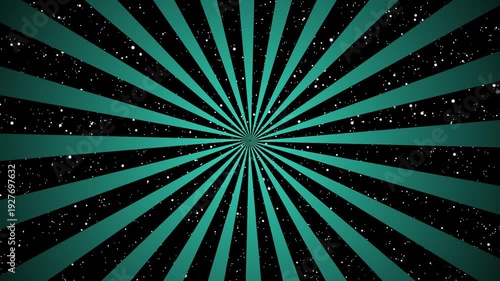 Seamless black and sea green rotating abstract radial Sunburst with stars background loop animation.