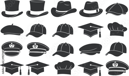 Vector illustration bundle of twenty hat silhouettes including top hats, cowboy hats, fedoras, berets, baseball caps, chef hats, graduation caps, and military headwear designs