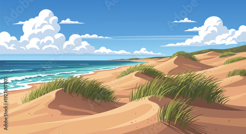 Vector illustration of serene beach dunes, grassy patches and ocean under bright blue sky