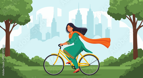 Vibrant vector illustration of carefree teal-dressed woman cycling joyfully through park with city skyline