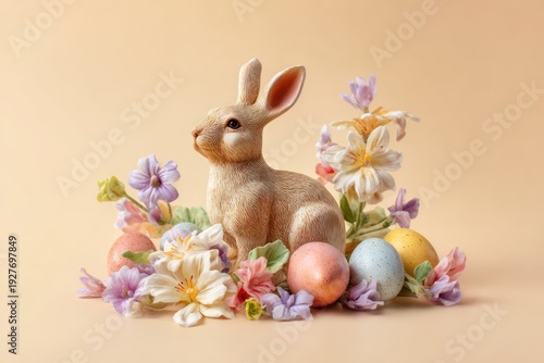 Easter bunny figurine among spring blooms