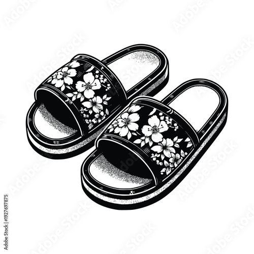 Floral Sandals Illustration, Black and White Slippers, Summer Footwear Art