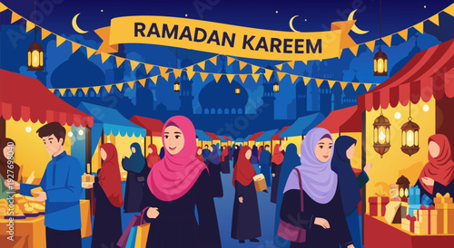 Vector illustration of two women greeting at Ramadan Kareem night marketplace with lanterns