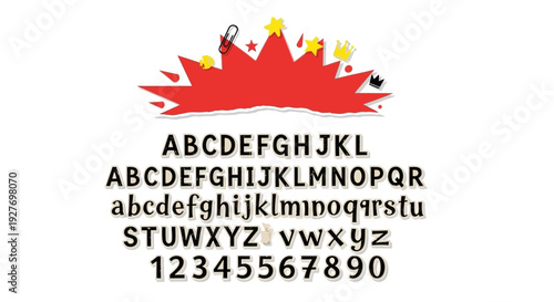 A playful and colorful font display featuring uppercase and lowercase letters, numbers, and a festive explosion graphic at the top.