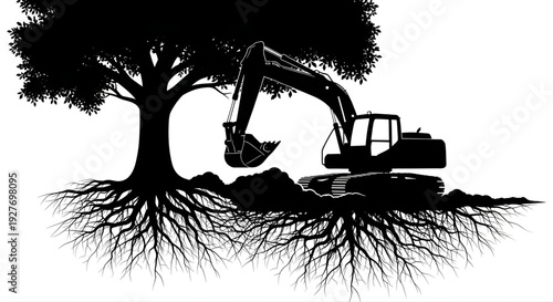 Vector silhouette of an excavator digging near a large tree with deep roots, representing construction impact on nature and environmental conservation.