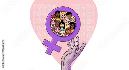 A hand holding a purple Venus symbol containing a diverse group of women, symbolizing female empowerment and unity.