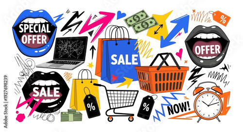 Vibrant illustration of a shopping spree with special offers, sales, and discounts, featuring shopping bags, a cart, and an alarm clock.