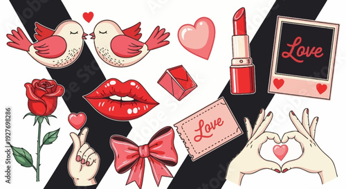 A collection of Valentine's Day themed illustrations including birds, hearts, lips, a rose, lipstick, and hands forming a heart shape.