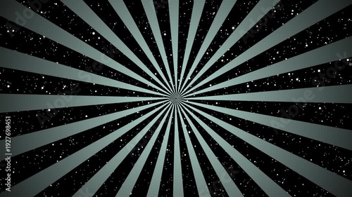 Seamless black and pale grey rotating abstract radial Sunburst with stars background loop animation.