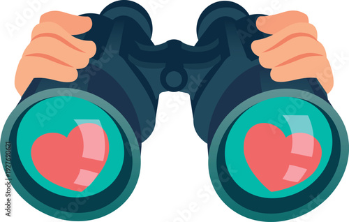 Heart binoculars in human hands. Dating cartoon icon