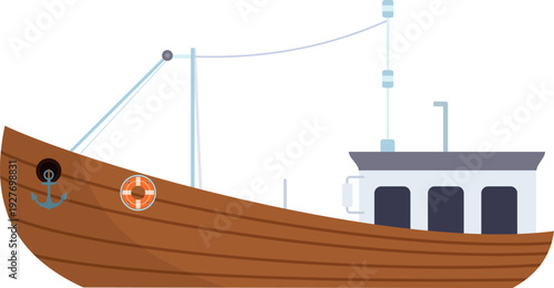 Fishing boat. Cartoon trawler. Wooden ship icon