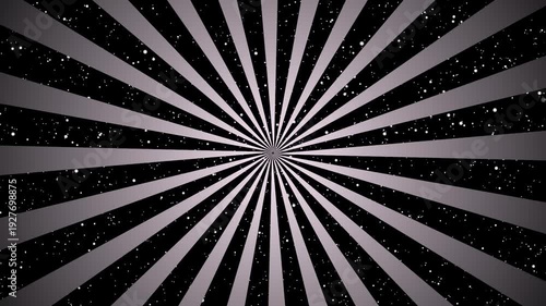 Seamless black and light silver rotating abstract radial Sunburst with stars background loop animation.