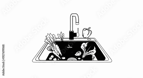 Vegetables in a kitchen sink with a faucet