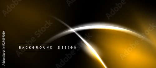 Dark background features golden, white curves. Abstract design suggests energy, motion, modern aesthetic. Text reads background design.