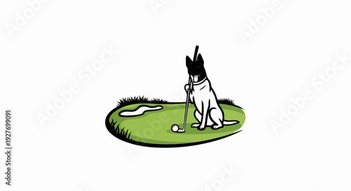 A dog sits on a golf course holding a club, ready to play