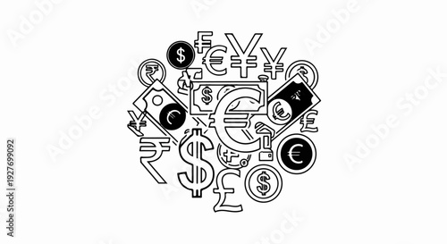 Diverse global currency symbols and banknotes form a circular collage