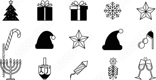 Assortment of holiday icons Christmas tree, gifts, snowflake, stars, candy cane, hats, menorah, dreidel, fireworks, and toasts