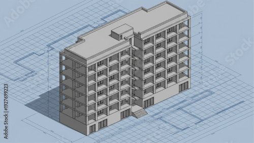 3D model of a modern apartment building with balconies and blueprint layout displayed