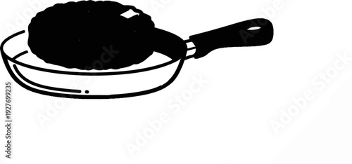 A stylized illustration shows a black patty cooking in a pan