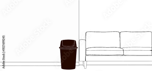A simple illustration of a trash can next to a sofa