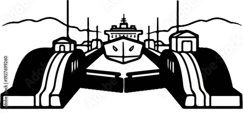 Ship entering a canal lock with mountainous background