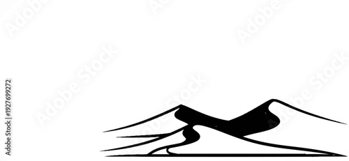 Stylized black and white depiction of rolling desert dunes against a blank background