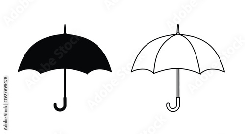 Two umbrella illustrations one solid black and one outlined in white