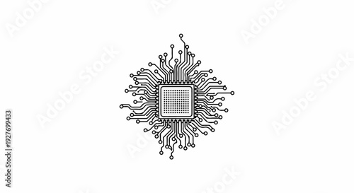 Stylized black line art of a microchip with radiating circuit pathways