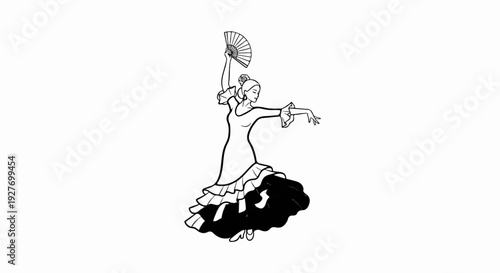 Elegant dancer in full-skirted dress holds fan up in graceful pose
