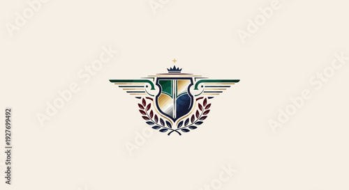 Elegant shield emblem with wings and laurel wreath.