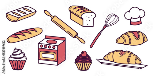 Assorted pastries and baked goods displayed on a table with a coffee cup Vector
