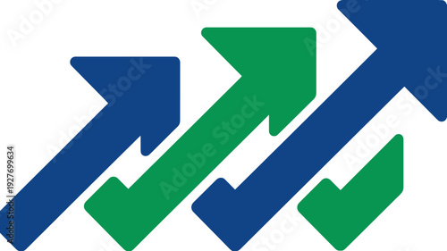 Blue and green arrows pointing in different directions on white background