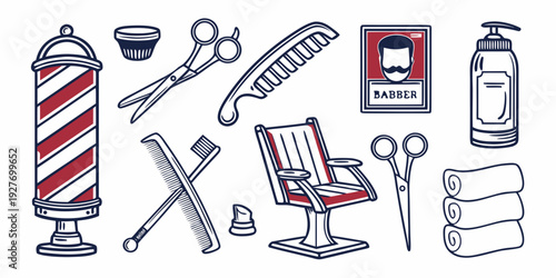 A collection of barber tools and items including a pole, scissors, and combs. Vector