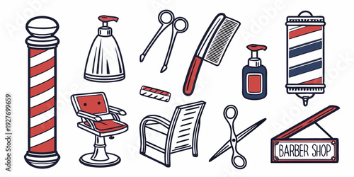 A collection of barber tools and equipment arranged neatly on a white background Vector