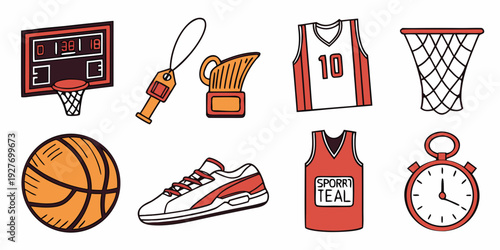 A collection of various sports and fitness equipment arranged in a row. Vector