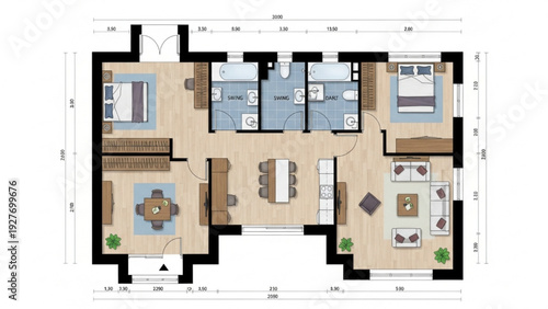 Detailed floor plan of a modern house with rooms and furniture illustrated